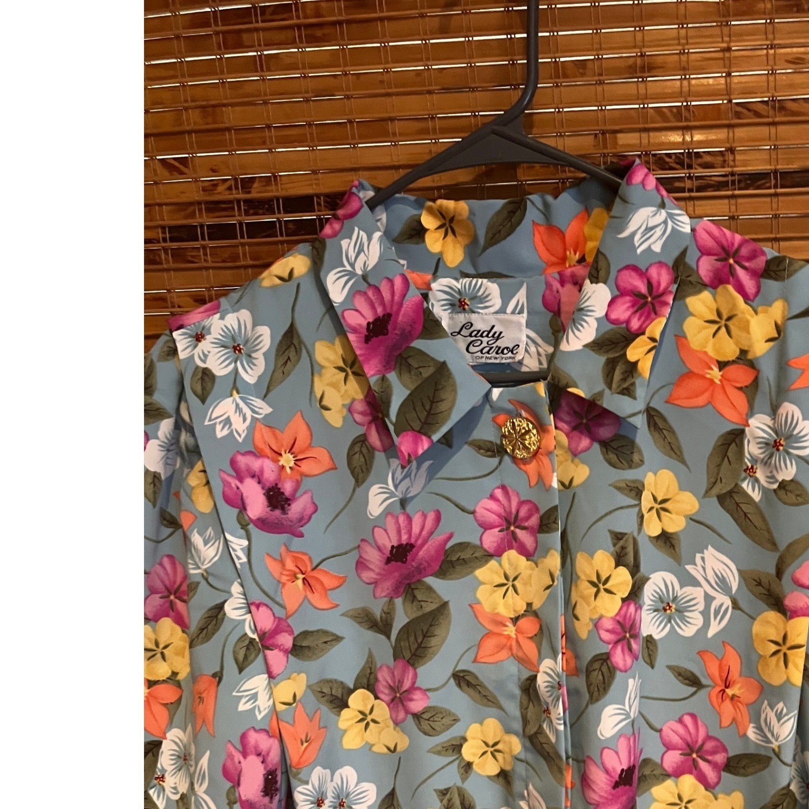Lady Carol of New York Vintage Floral Pleated Midi Dress Blue Short Sleeve 80s