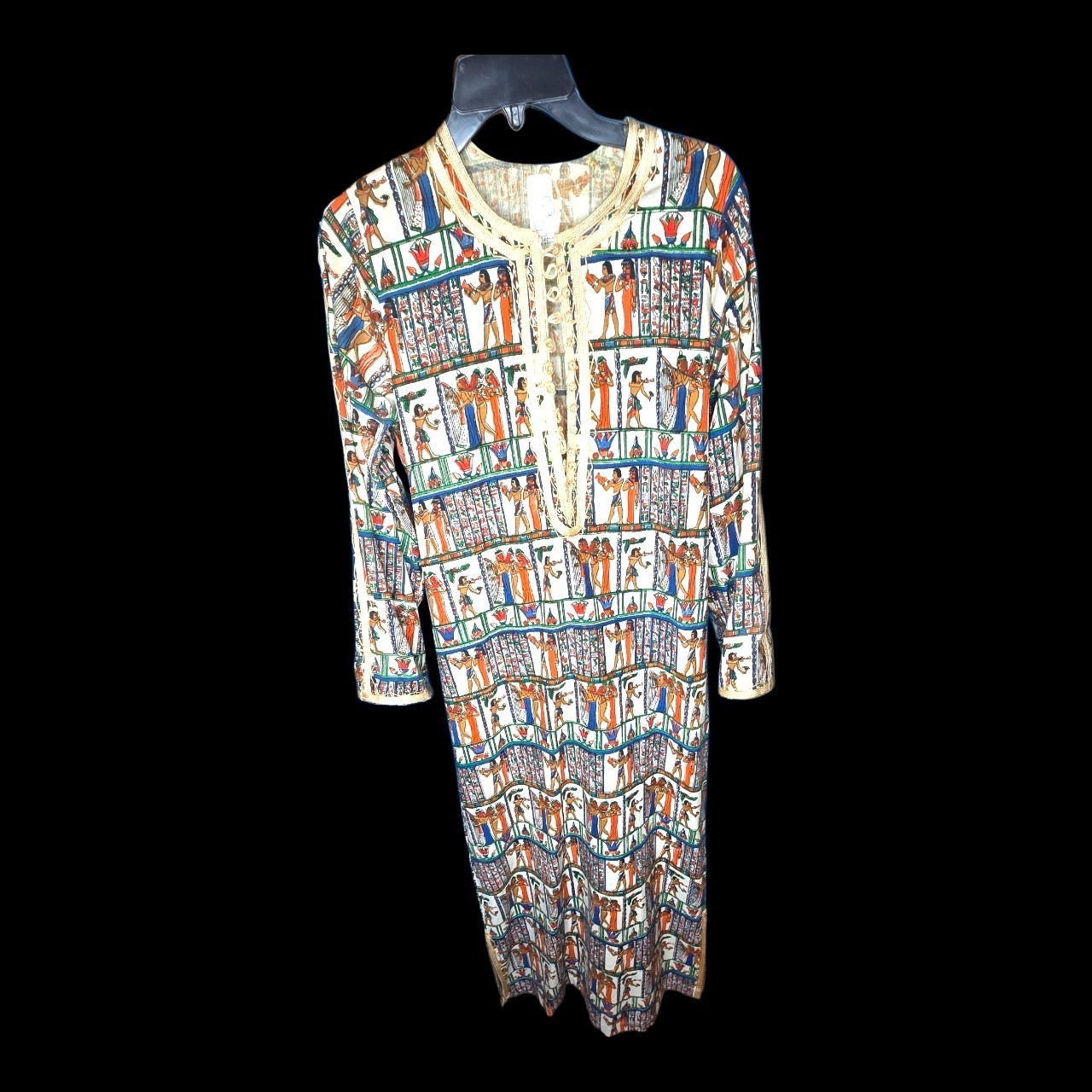 Vtg 60s 70s Cotton NOVELTY EGYPTIAN FIGURES hieroglyph Print Boho Kaftan Rare