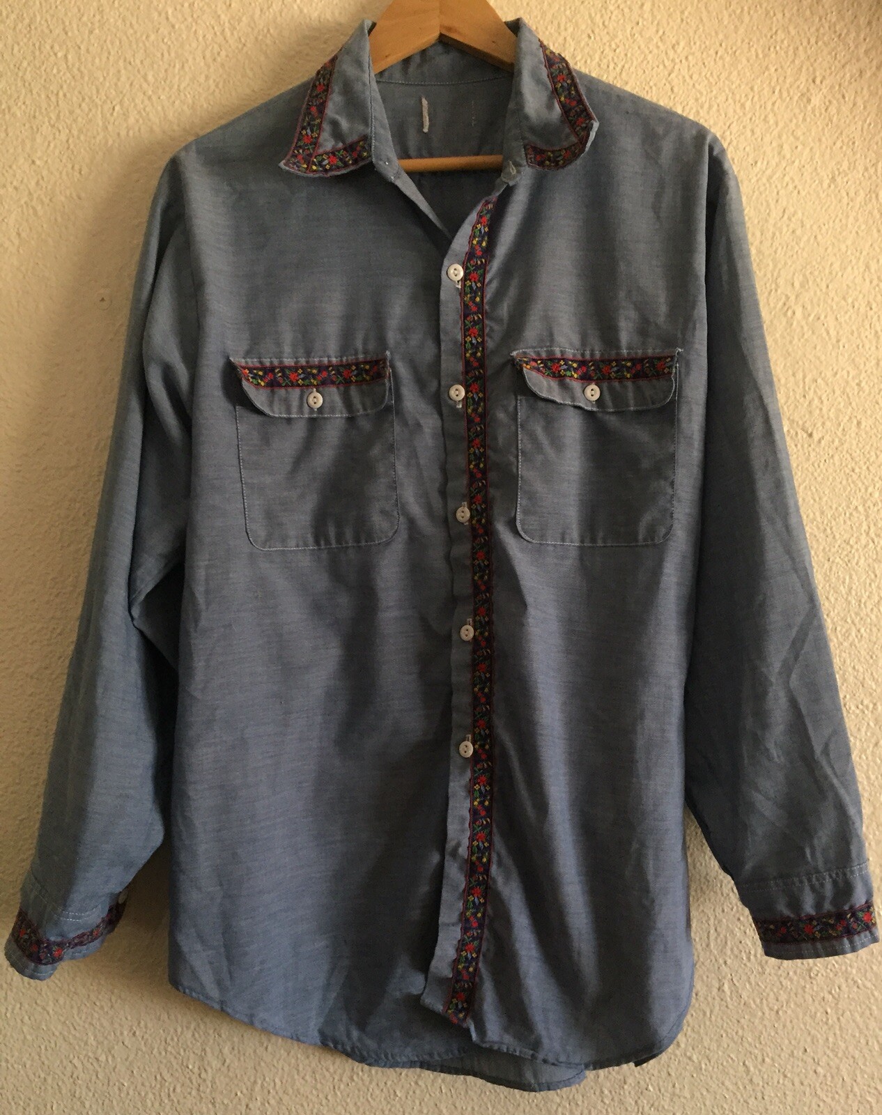 VTG 1970s Boyfriend Shirt Button Down Ribbon Hippie Boho Womens Plus Size 1X 2X