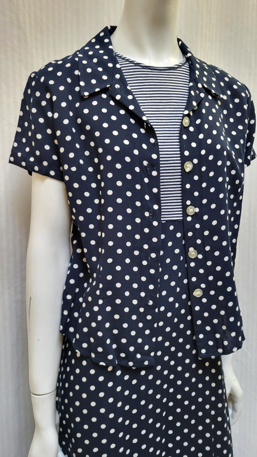 Vintage 2 Piece EXPO Blue Polka Dot Stripe Dress & Top Set – Size S