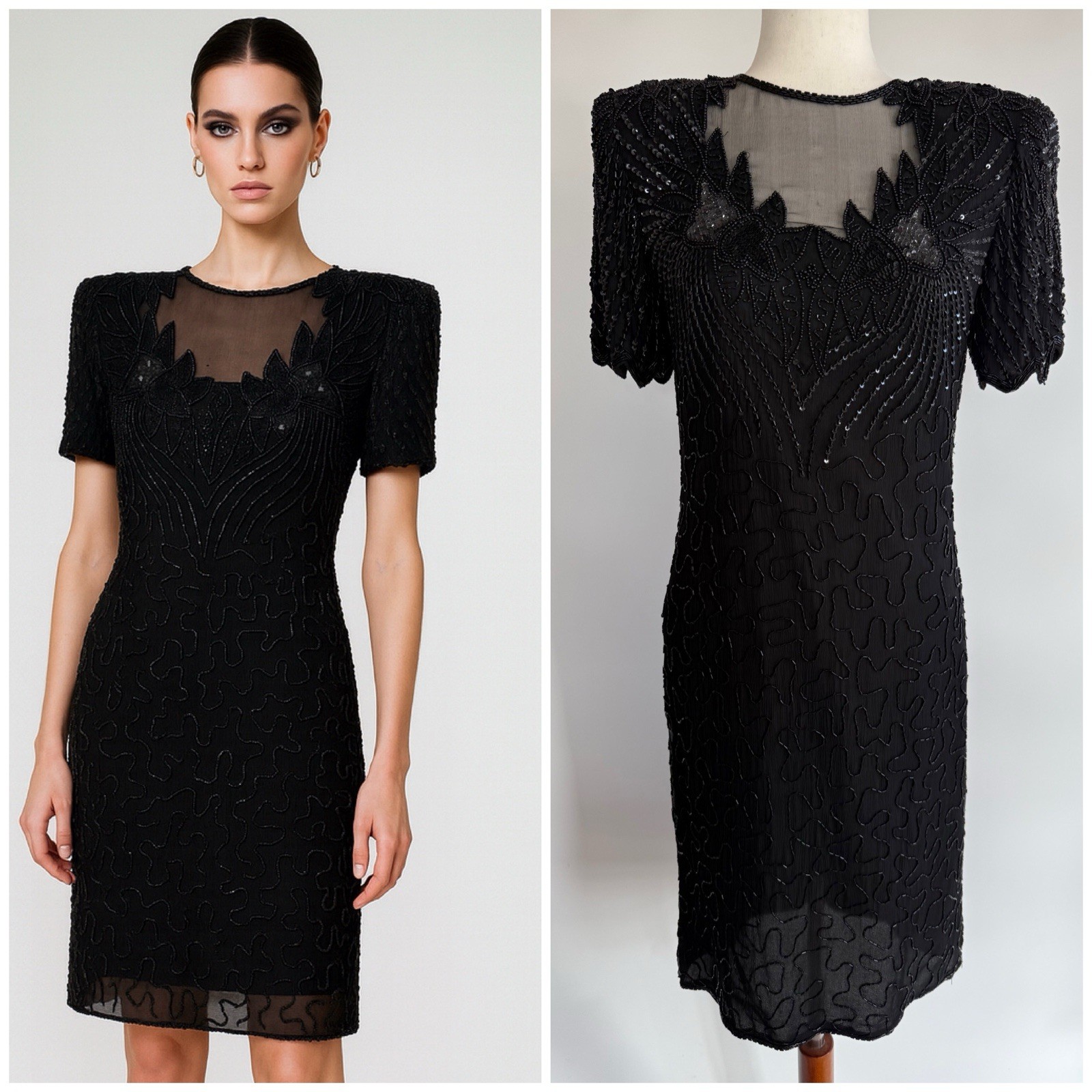 VTG 80s Jewel Queen Beaded Peep Back Silk Cocktail Formal Party Dress 6 Small