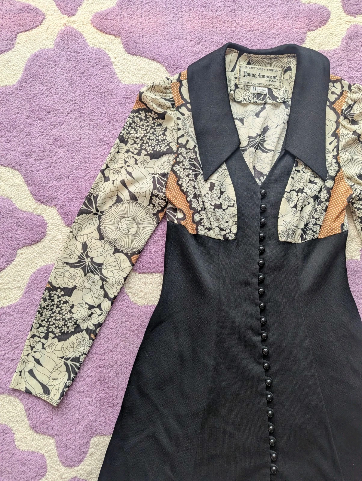 Vintage 70’s Young Innocent By Arpeja Psychedelic Black Mini Dress Size 11 Small