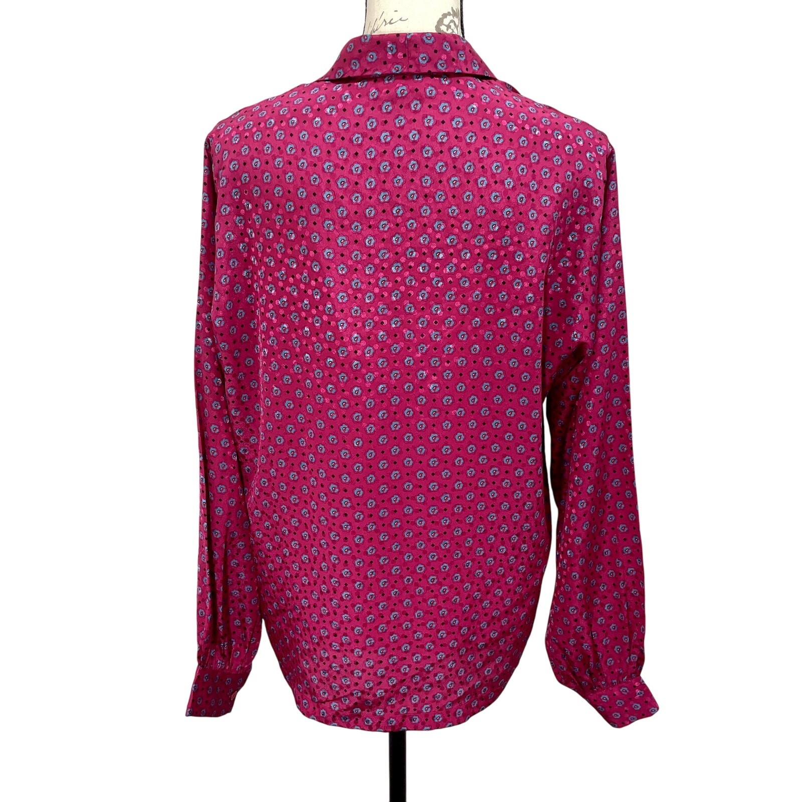 Vintage 80s Halston III Pink Floral Lapel Collar Blouse Women’s Long Sleeve; Lrg