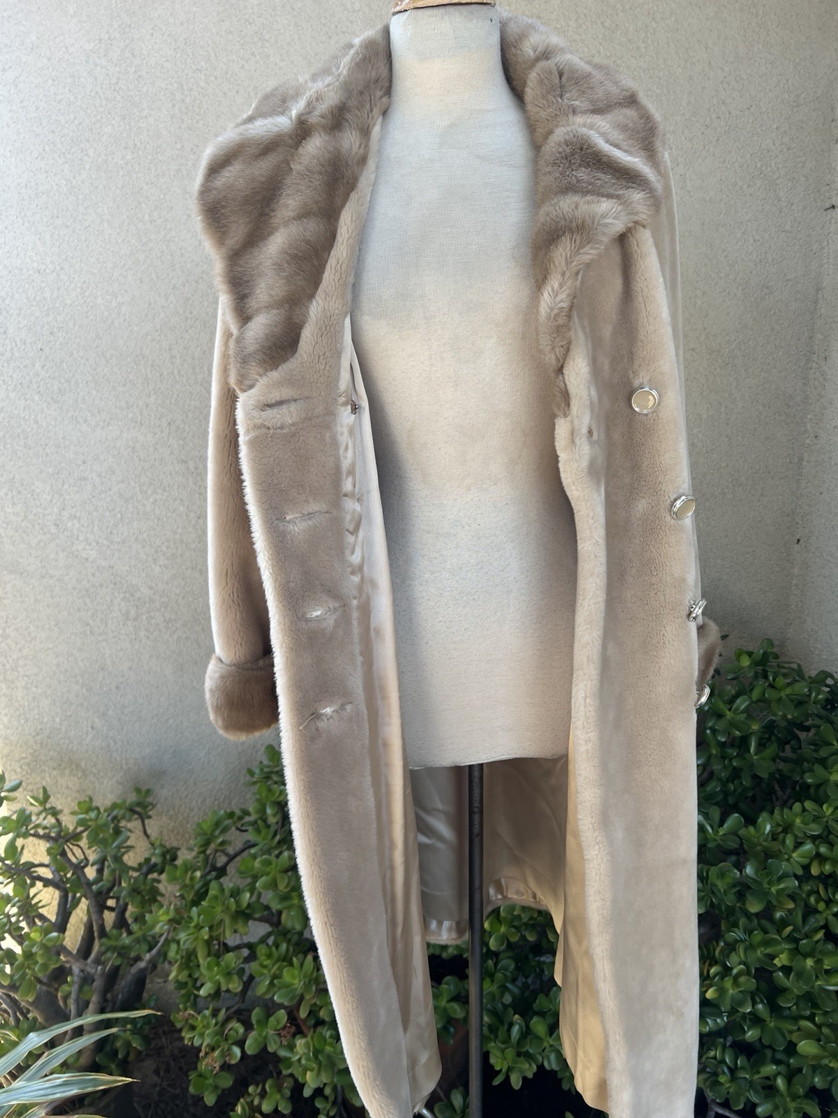 Vtg Winter Faux Fur Coat Cream Taupe Pockets S/M Borgana Betty Rose