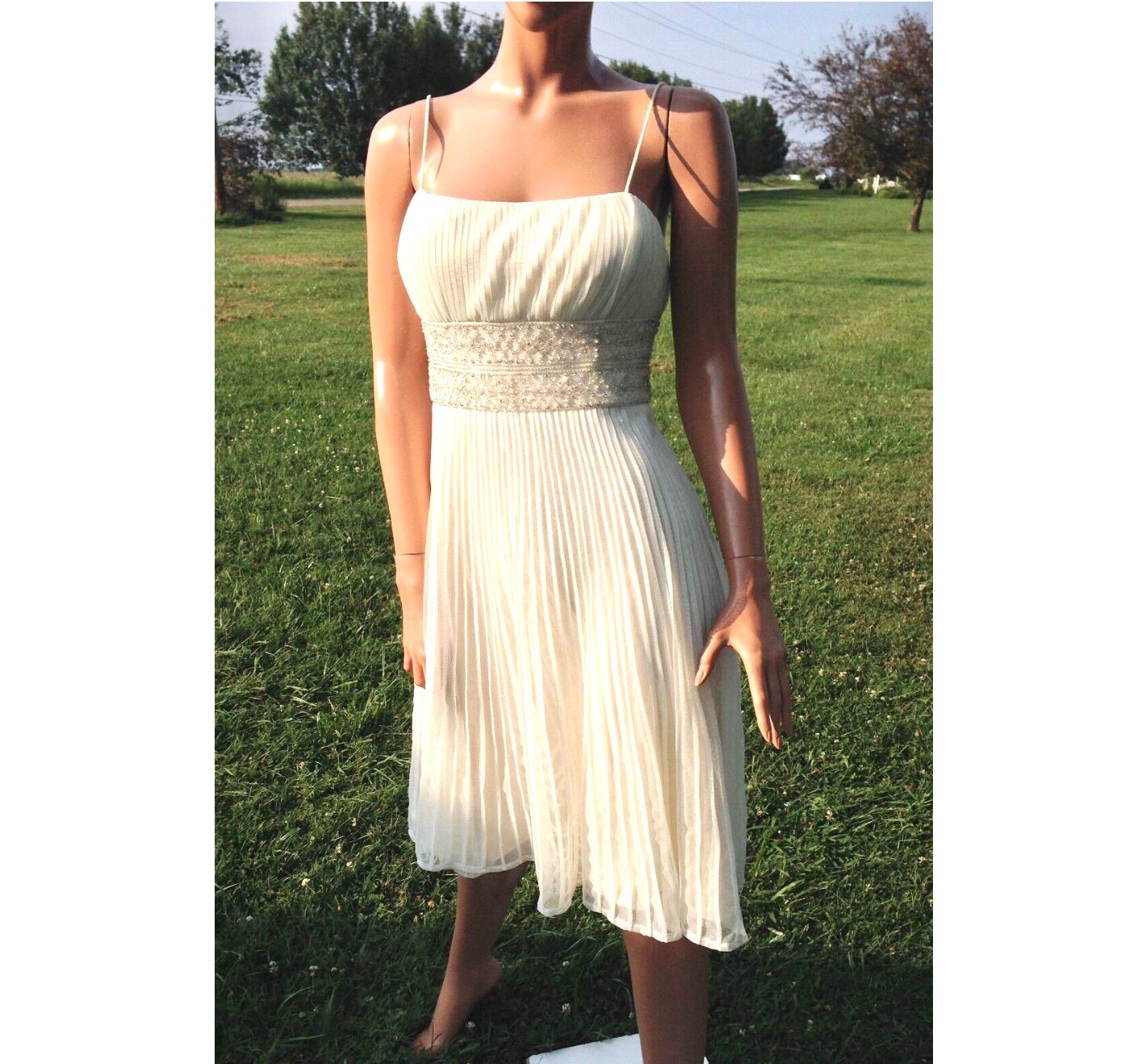 Women’s Ivory Beaded Empire Waist Perma-Pleat Fit & Flare Spag Strap Party Dress