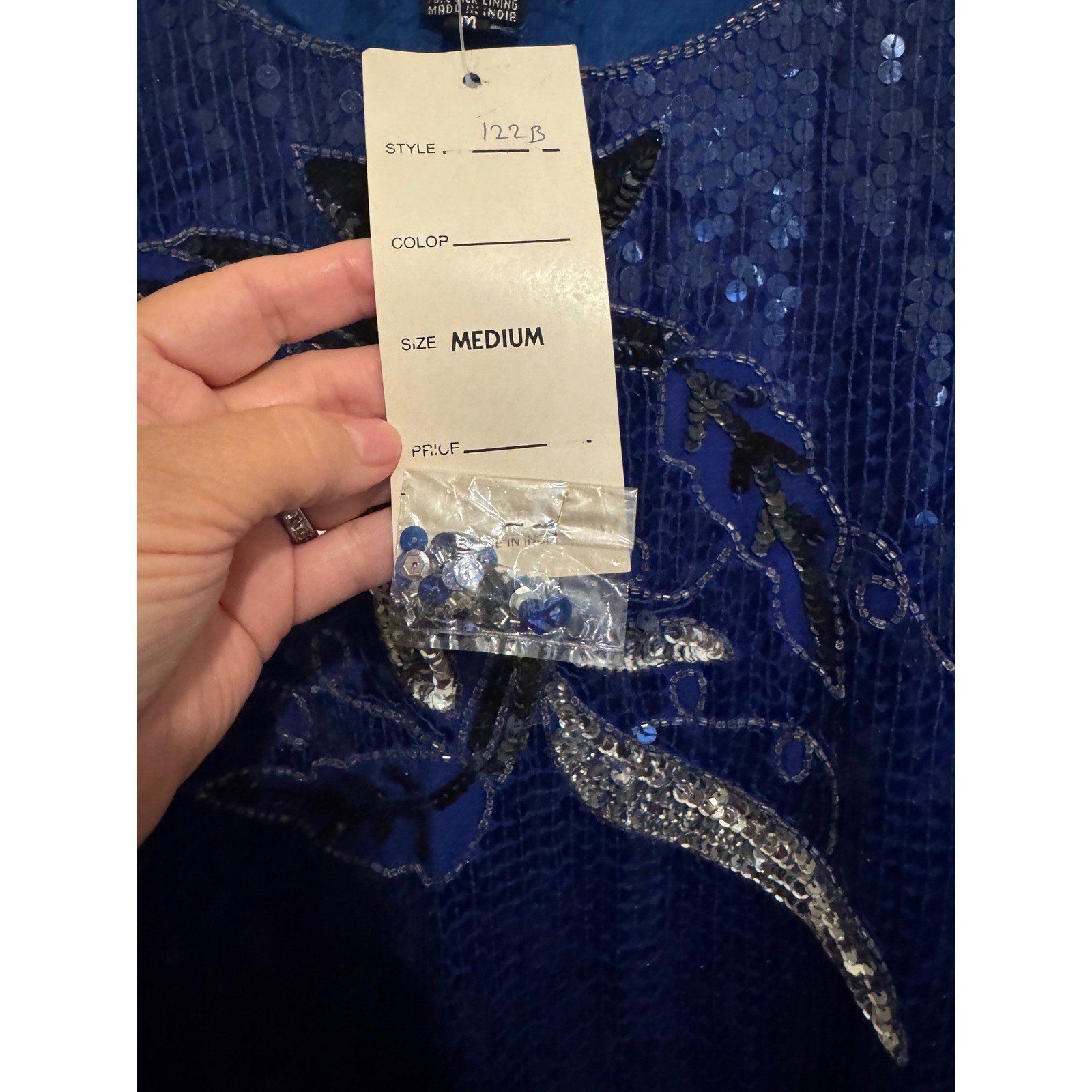NEW Sequin Blouse Women’s Medium Blue Silk Top Deadstock Vintage Glam Sparkle