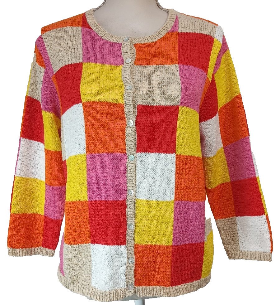 Vintage MARISA CHRISTINA Cardigan Sweater Women’s L Large BRIGHT Color Block 80s