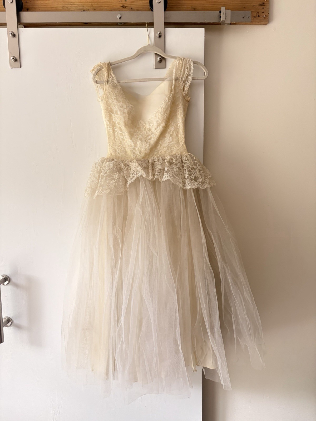 1950s Tired Lace And Tulle Tea Length Wedding Dress With Covered Buttons