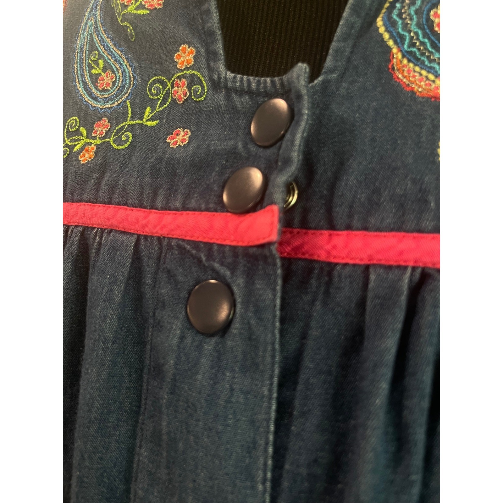 Vintage Go Softly Patio Dress Womens M Blue Denim Embroidered Zip Front