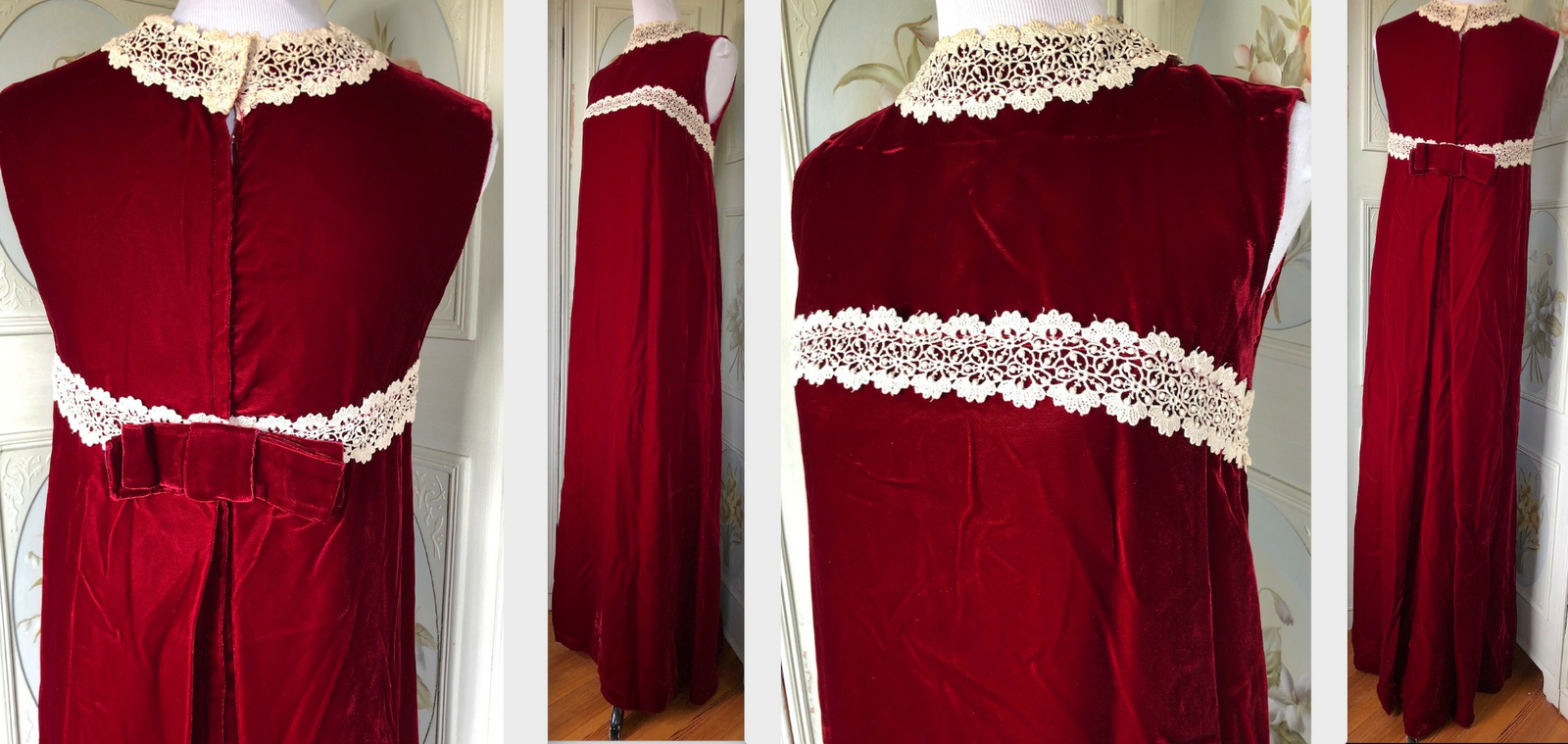 VTG 60s RUBY BLOOD RED VELVET IVORY LACE MAXI DRESS SLEEVELESS BOHO HIPPIE EUC