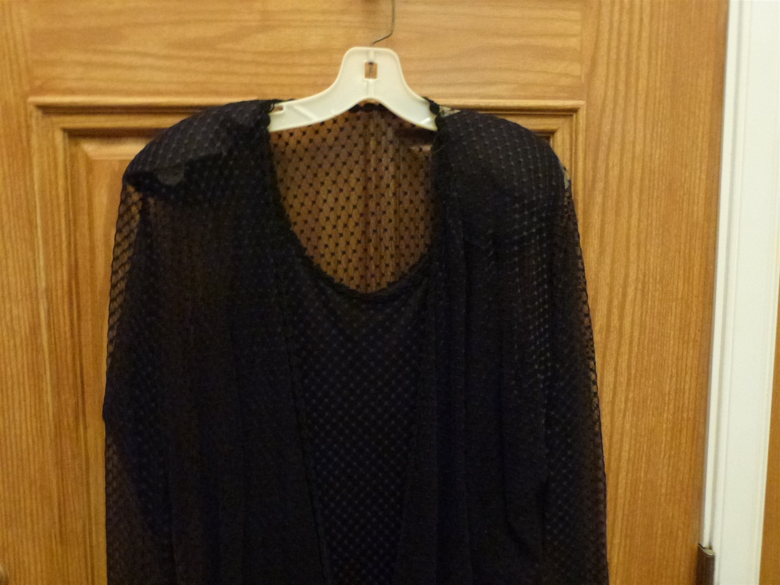 VTG 1980s black swiss polka dot flapper sheath long gothic dress & sheer jacket