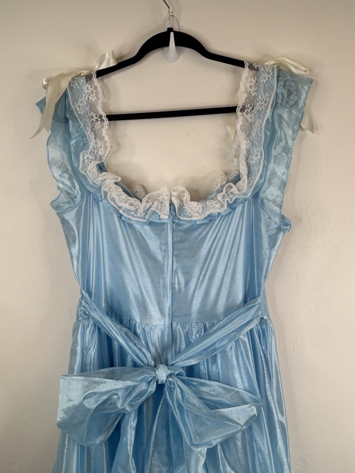 Vintage 70s Formal Blue Satin Gown Lace Trim Bows Princess Theatrical Costume