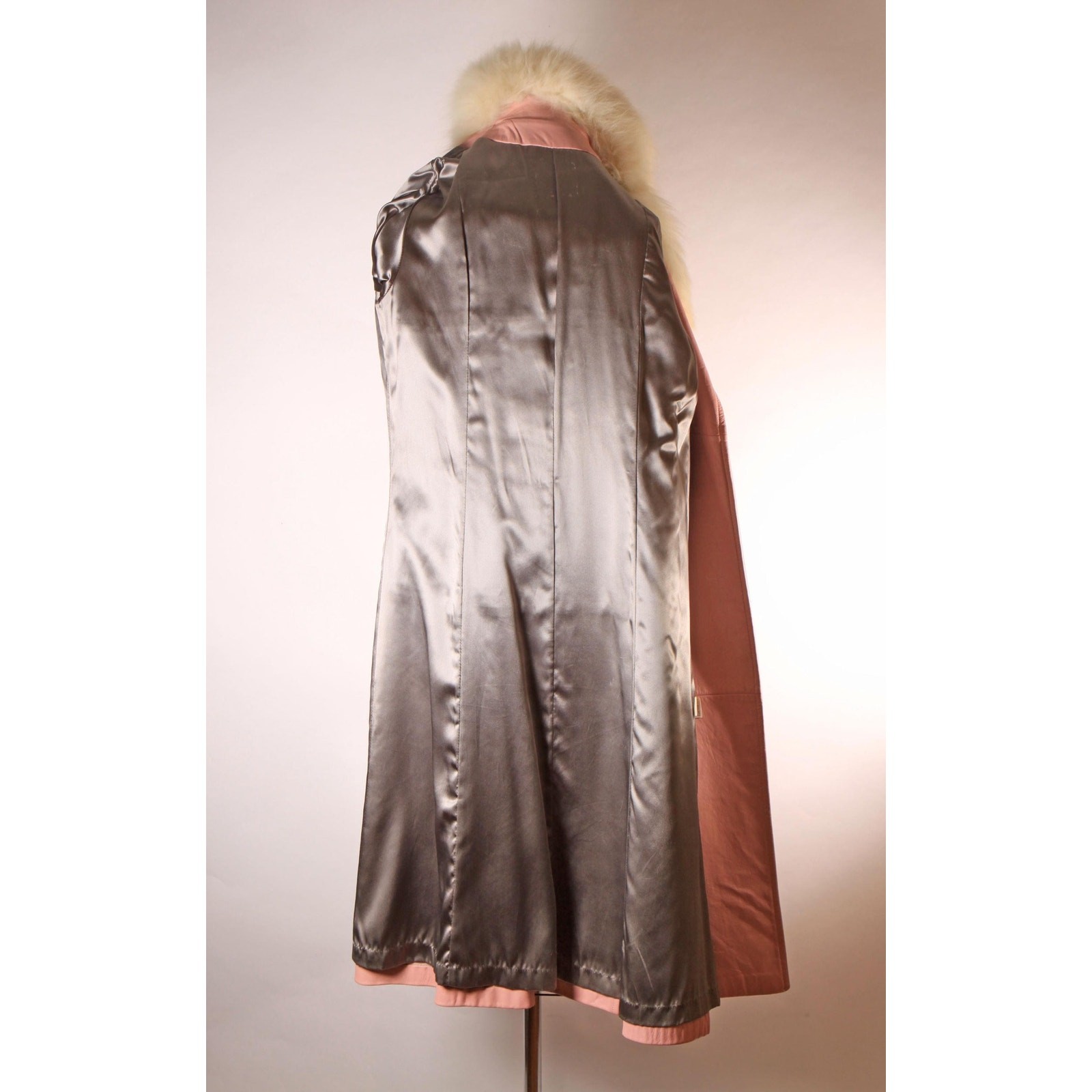 1970s Pink Leather Cream Fox Fur Trench Coat by New England Sportswear Company