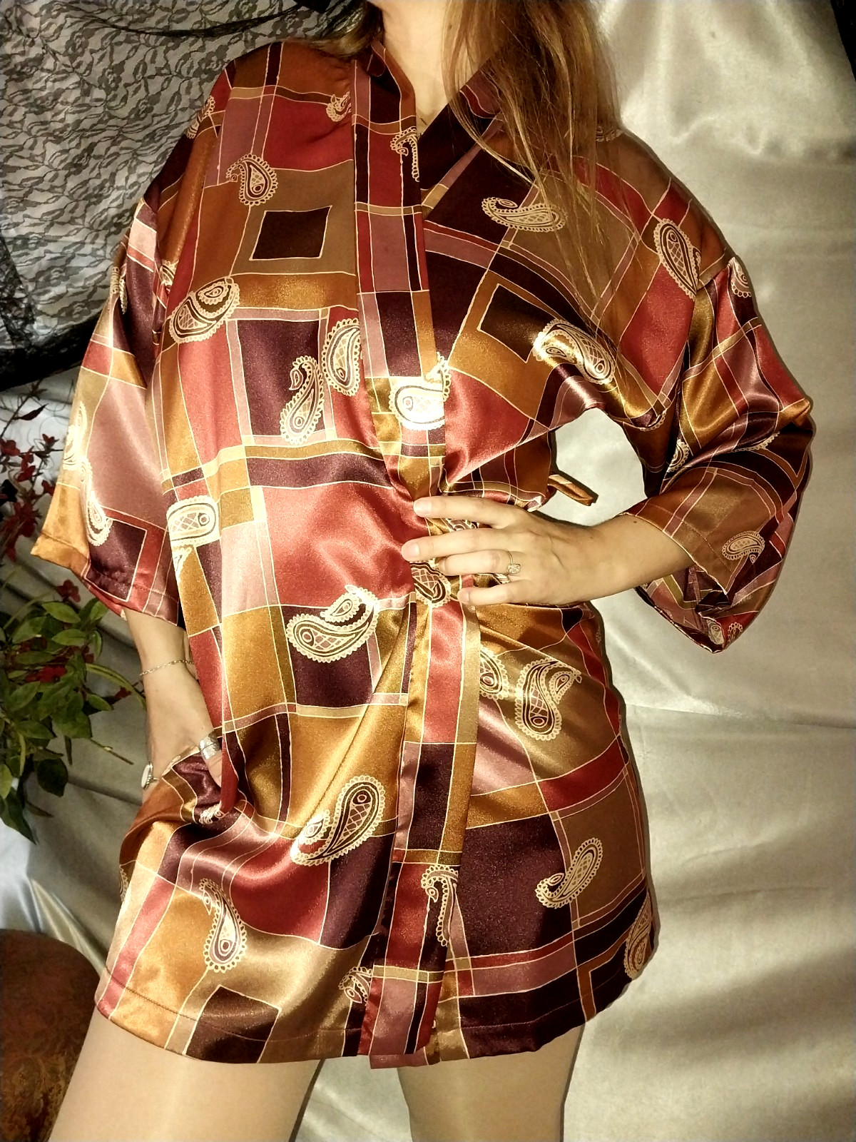 VTG SATIN SHINY GOLD BROWN ROSE PINK GEO PRINT BABYDOLL ROBE GOWN SET NOS L NEW