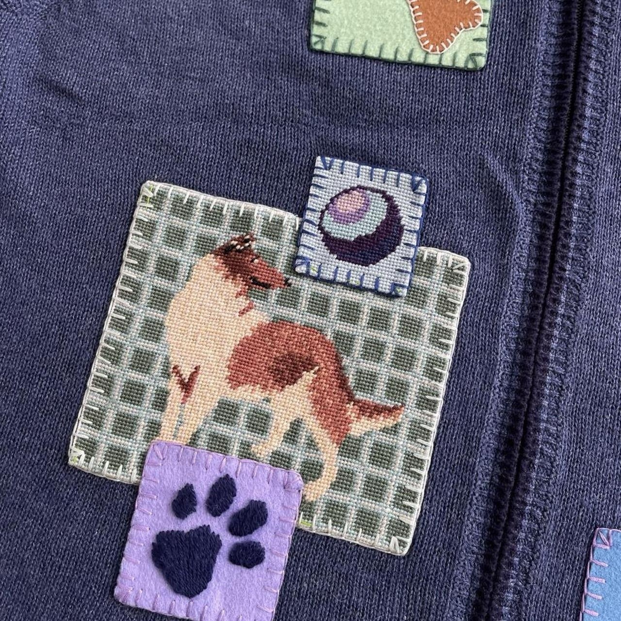 Eagle’s Eye Blue Knit Embroidered Cross Stitch Dog Zippered Sweater Vest Granny