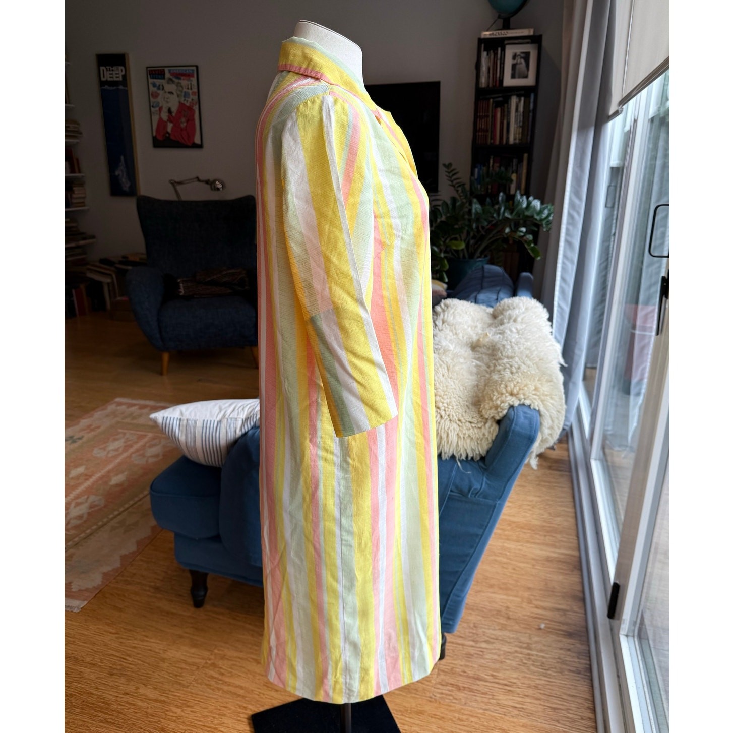Vintage 1960s Johns of California Striped House Coat Womens Med Rainbow Sherbet