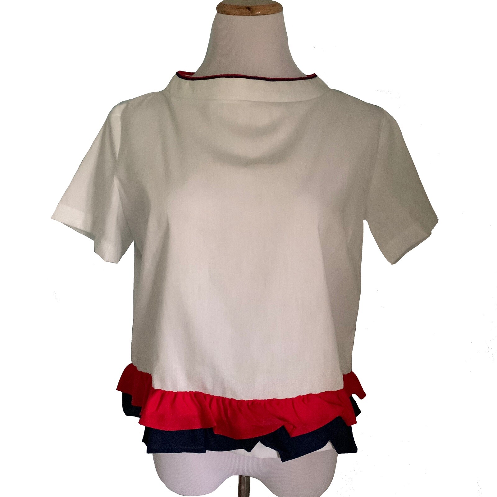 Vintage 50s 60s White Cotton Blouse Button Back Cropped Red White Ruffles Sz 38