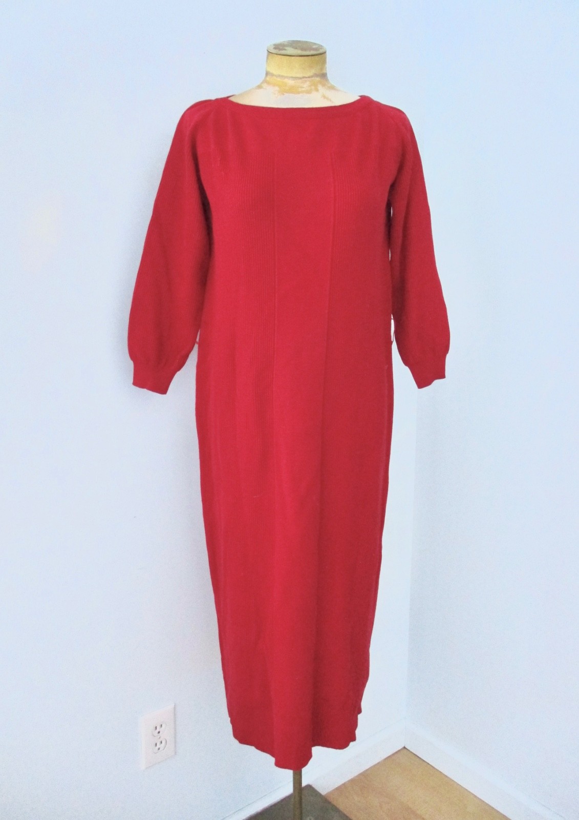 Vtg 50s 60s red wool rib knit sweater midi dress bateau neck puff sleeves 12