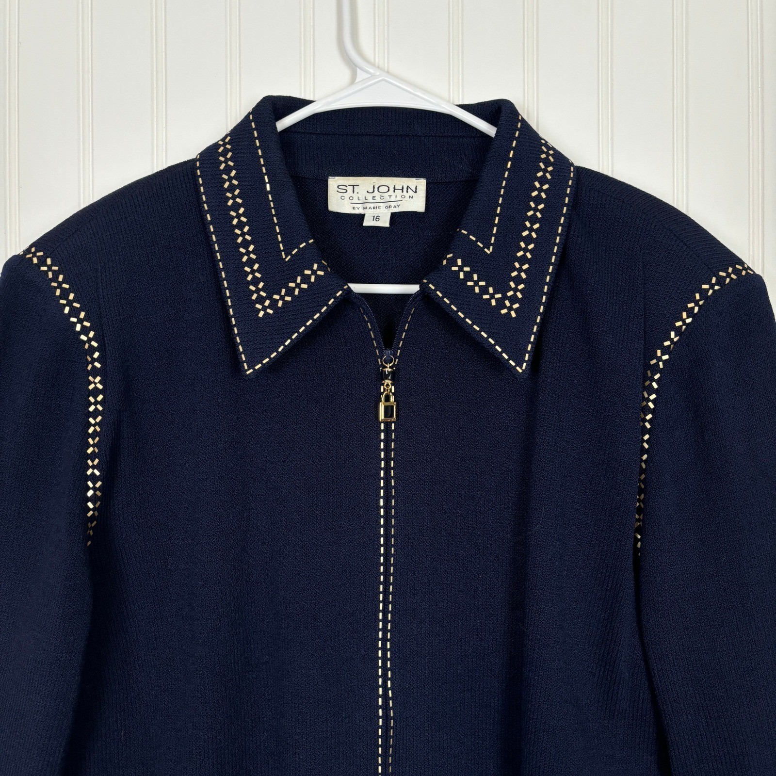Vintage St. John Collection Knit Jacket Women 16 Navy Blue Gold Studded Zip Up