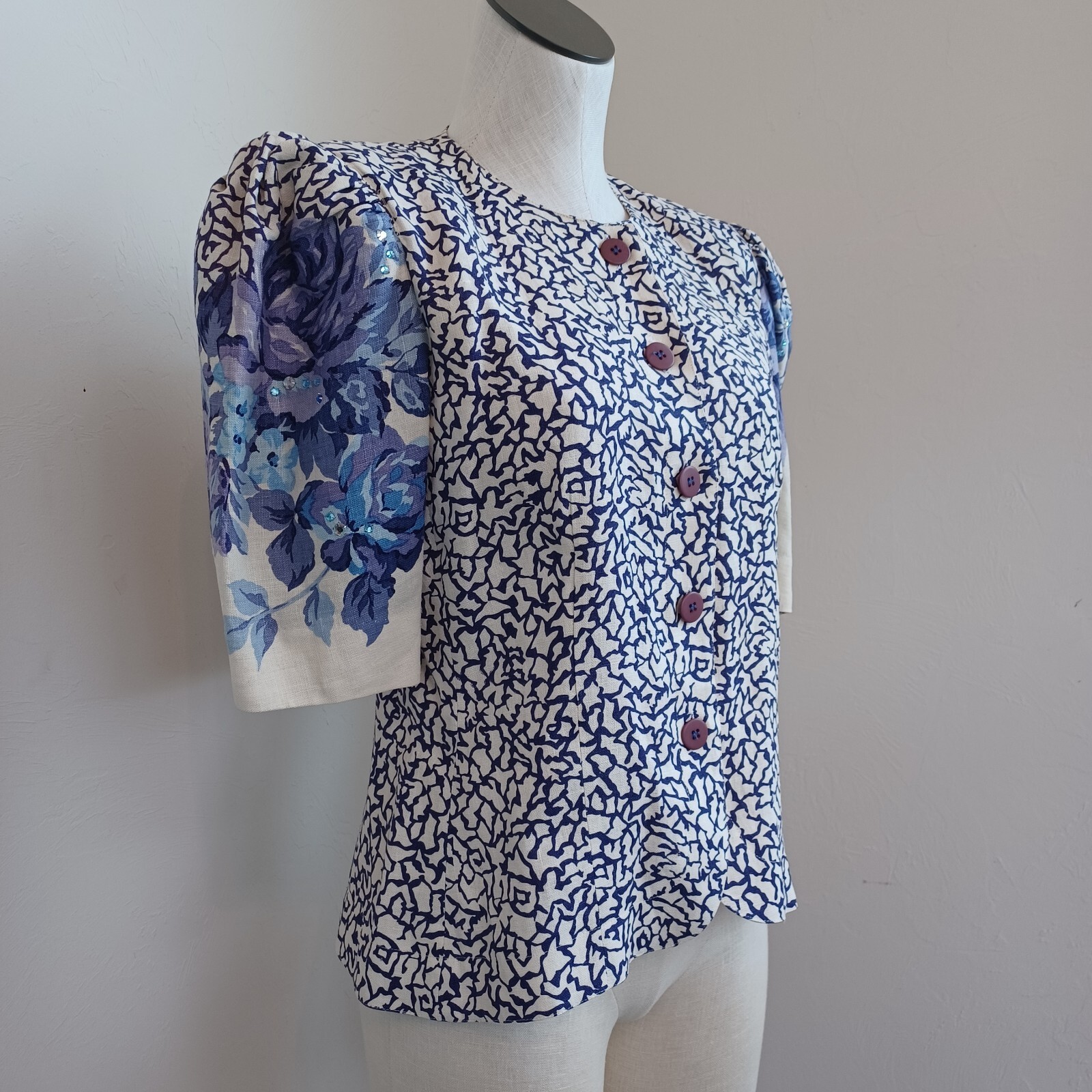 Rickie Freeman Teri Jon Vintage Purple Floral Puff Sleeve Embellished Blouse 8
