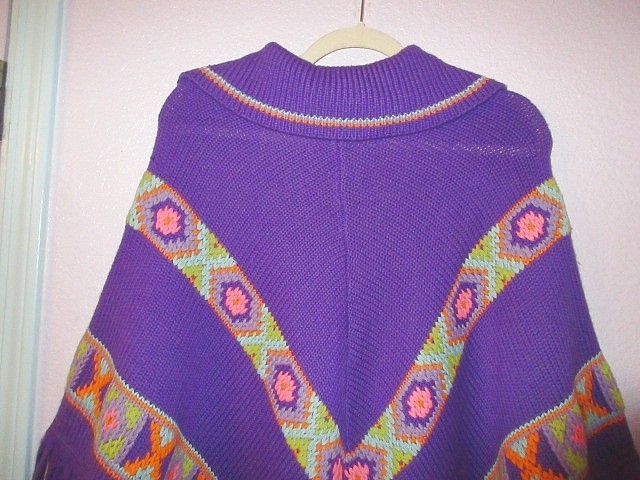 Vtg 70s Crochet Poncho Heavy Knit Sweater Coat Fringe Poms Boho Aztec Southweste