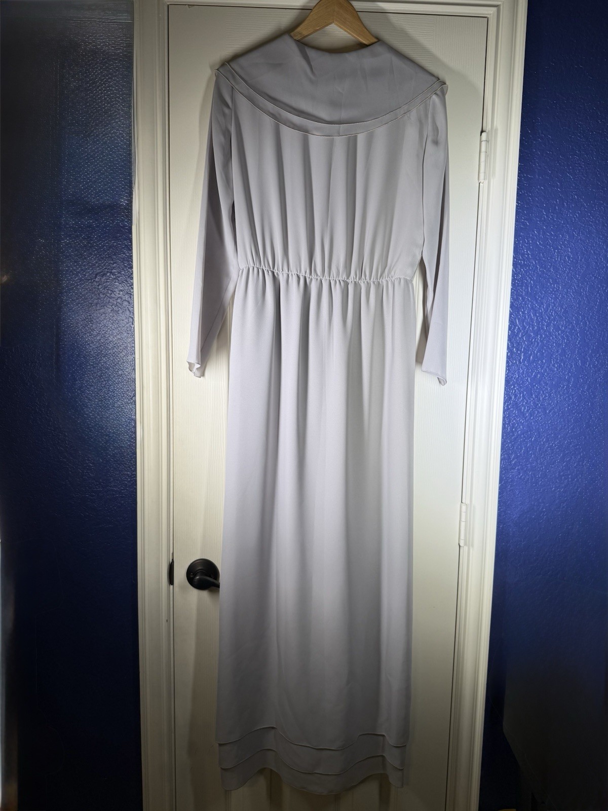 Vintage 70s Kay Kipps New York Ruffle Portrait Collar Maxi Dress M Gray Crepe