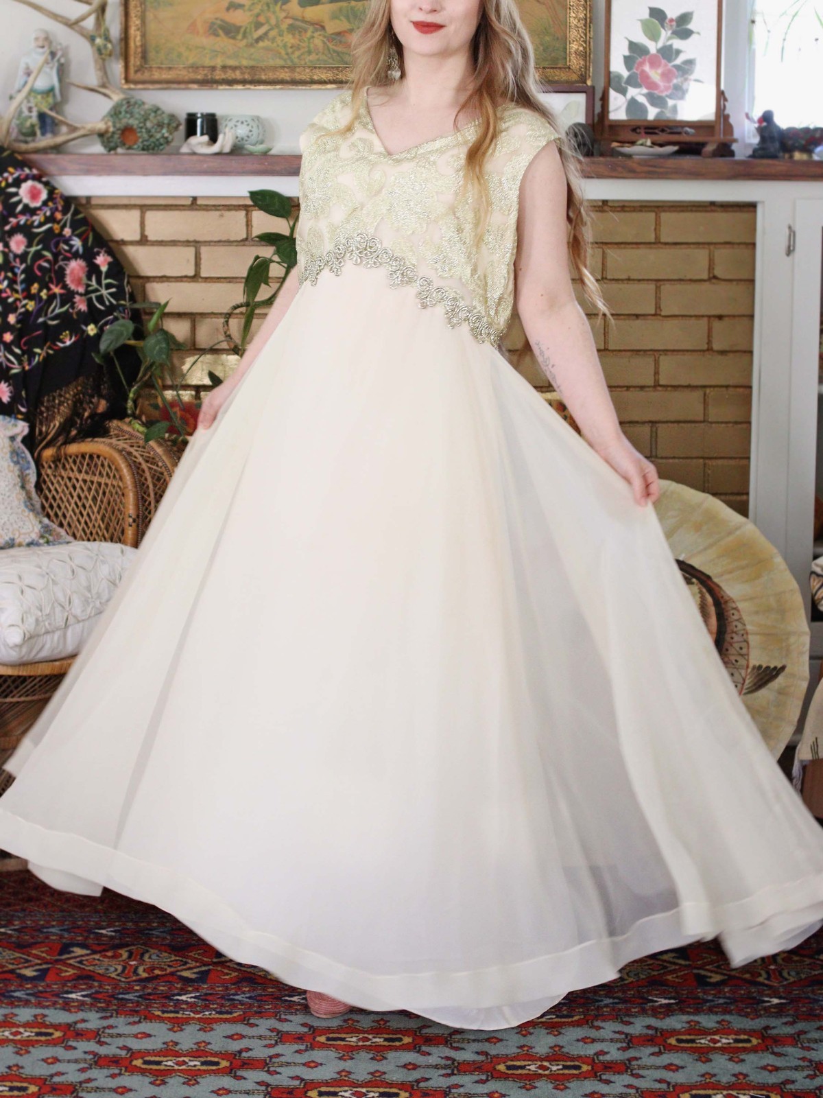 VTG 1960s Champagne Chiffon Metallic Gold Empire Waist Maxi Party Dress Grecian