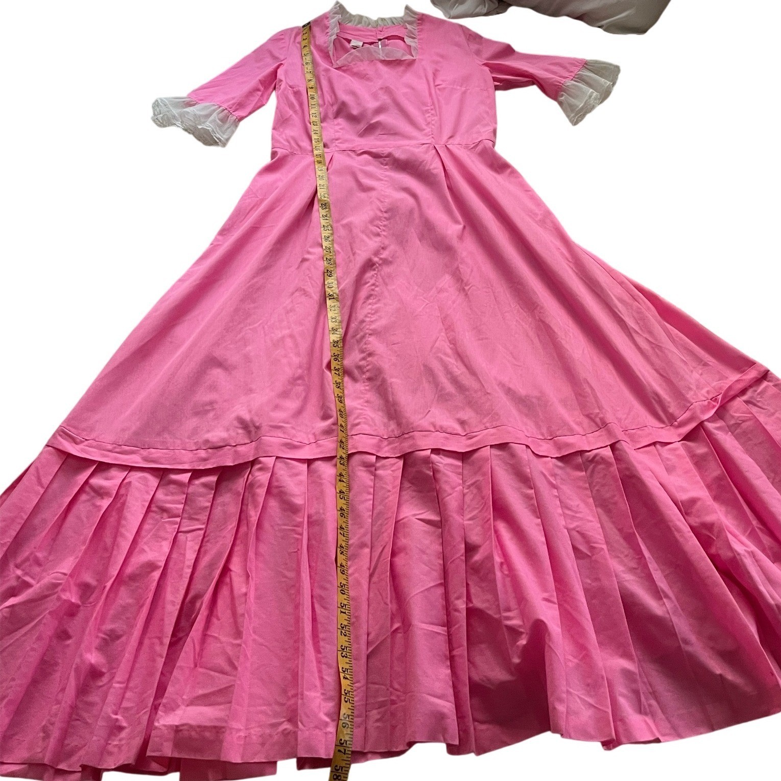 Vintage 70s Pink Prairie Western Maxi Dress Ruffle Square Barbiecore Neck Sz L