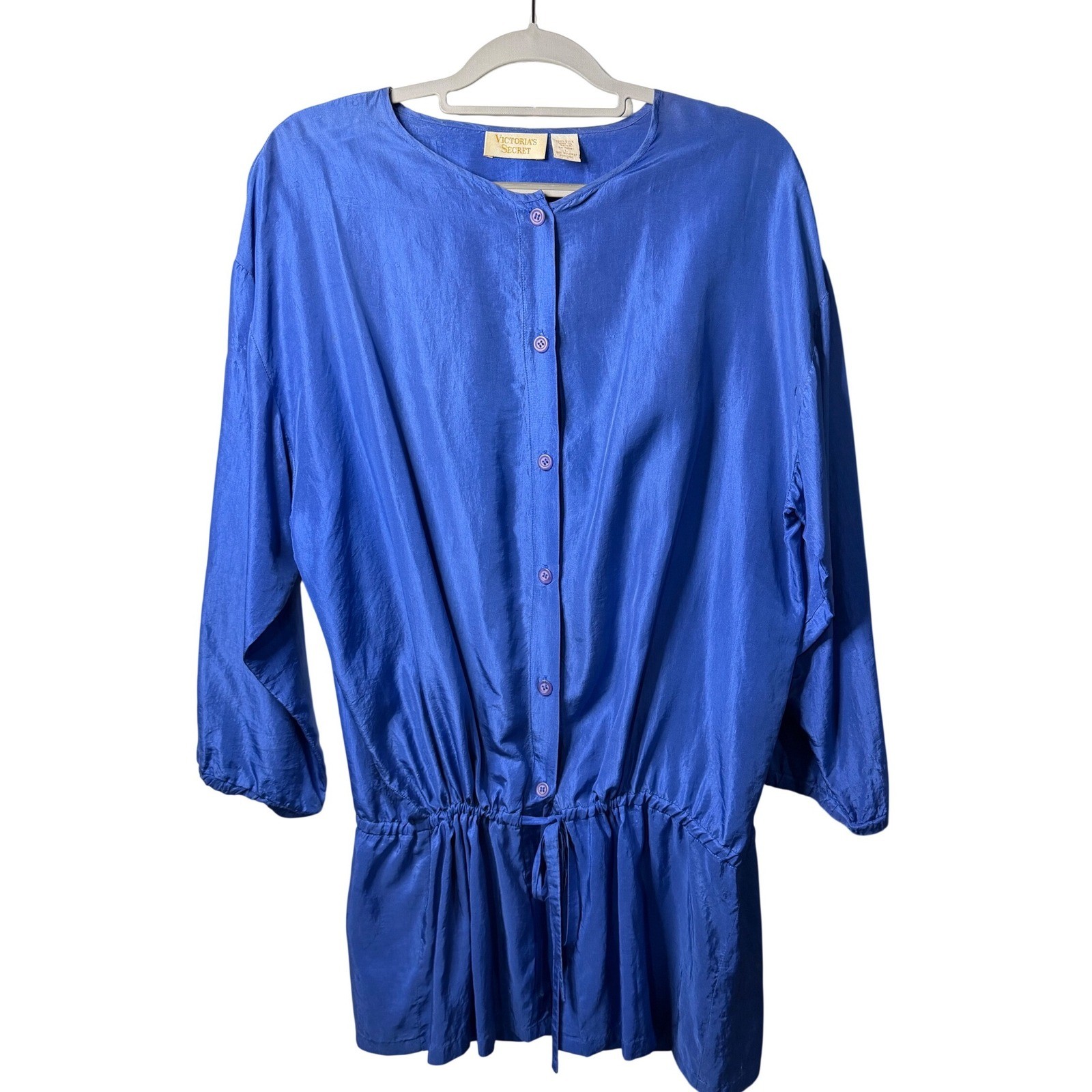 VTG Victoria’s Secret Silk Blouse Women Large Blue Drawstring Waist Button Top