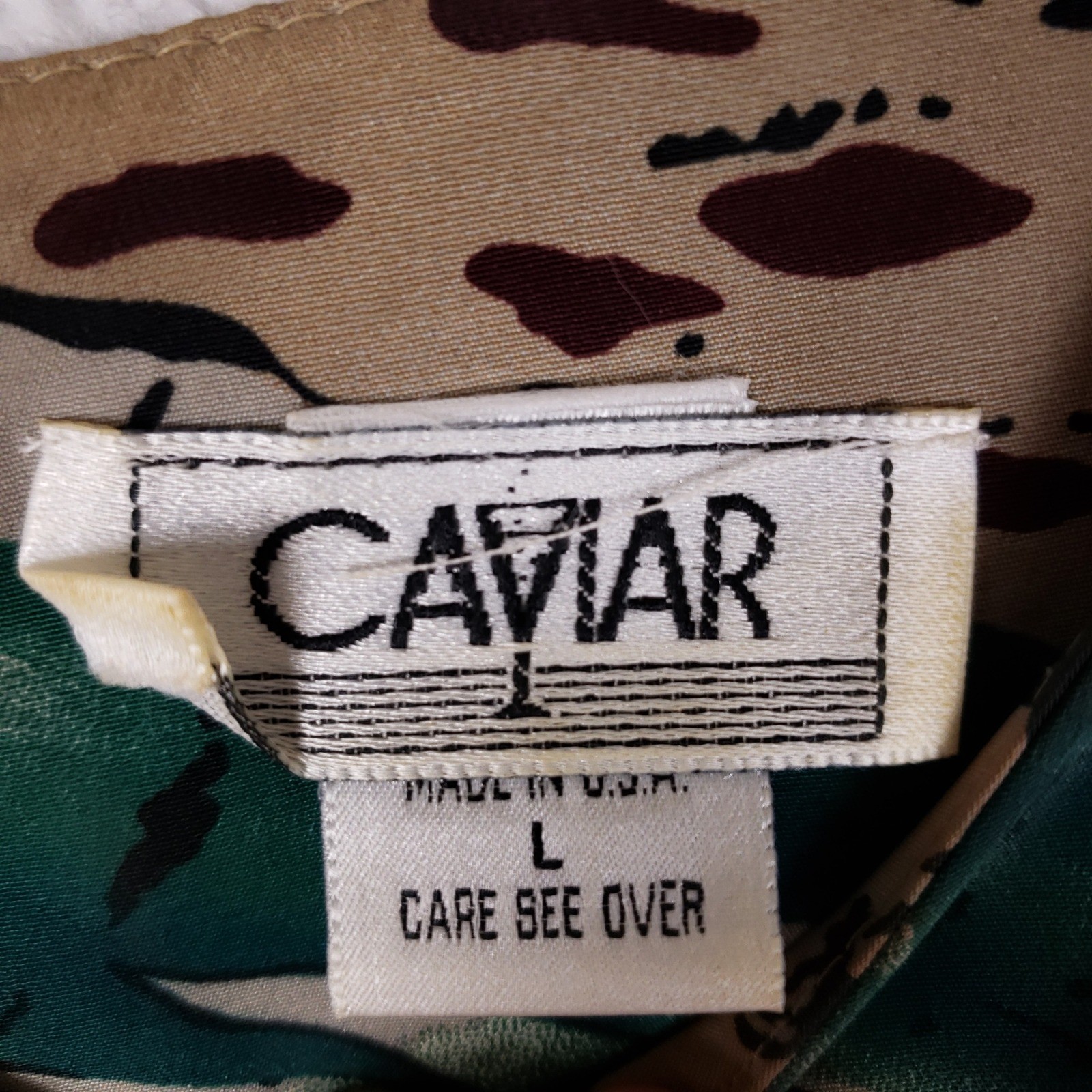 Vintage Caviar 80s Abstract Feather Print Boxy Blouse Green Tan Size L USA Made
