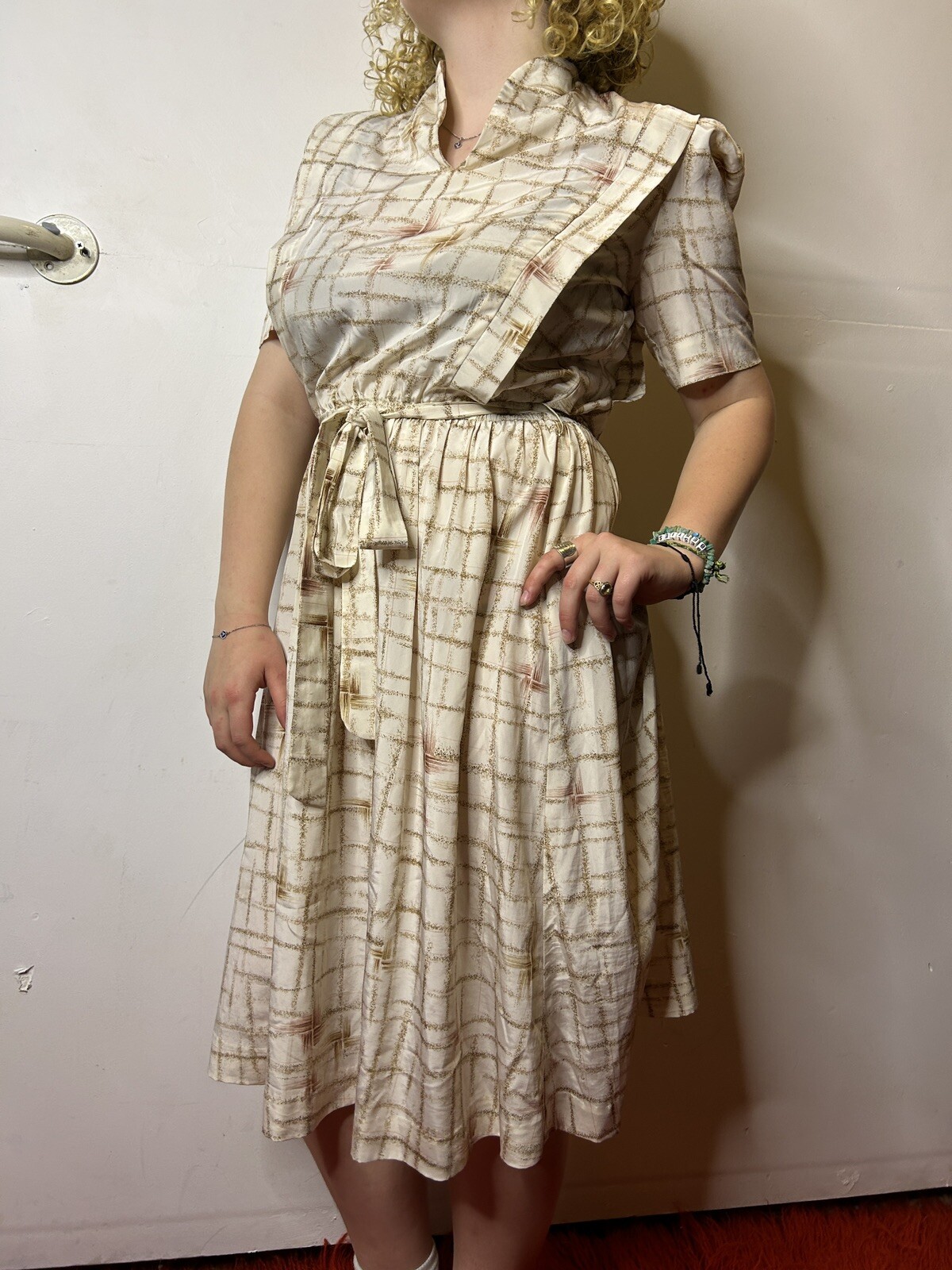 Vintage 1980s Shirred Shirt Tie Waist Dress Brown Grid Collared Midi Panel AU 14