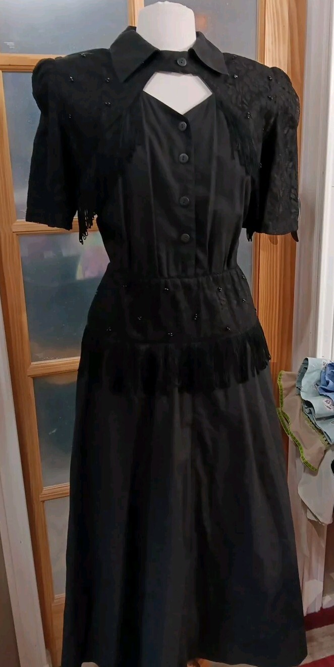 VINTAGE Western Swing Fringe Lace A-Line Dress Tillman 80s Sz L Black Rockabilly