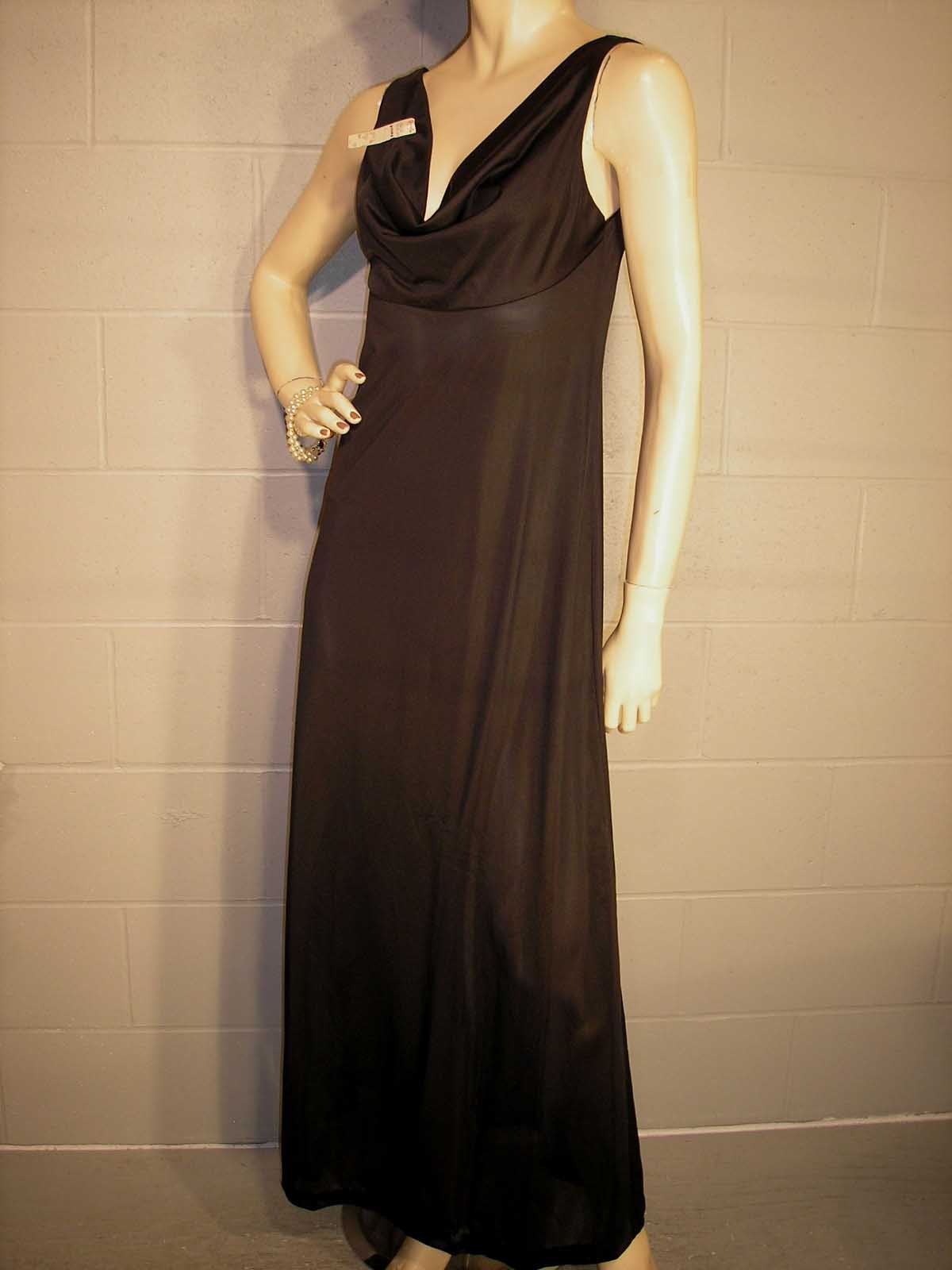 XS-S NOS Vtg 70s NIGHTGOWN Silky NYLON GILEAD EMPIRE DRAPED BLACK Grecian Gown