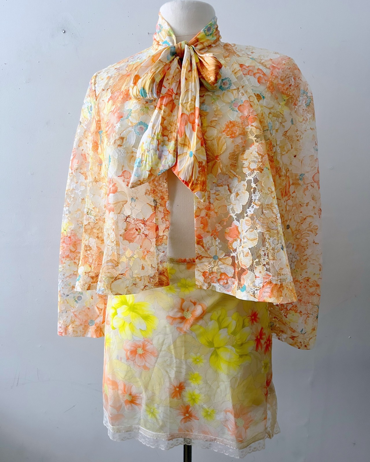Vintage 60s Sheer Citrus Floral Lace Slip Skirt Cottagecore Swim Cover Up