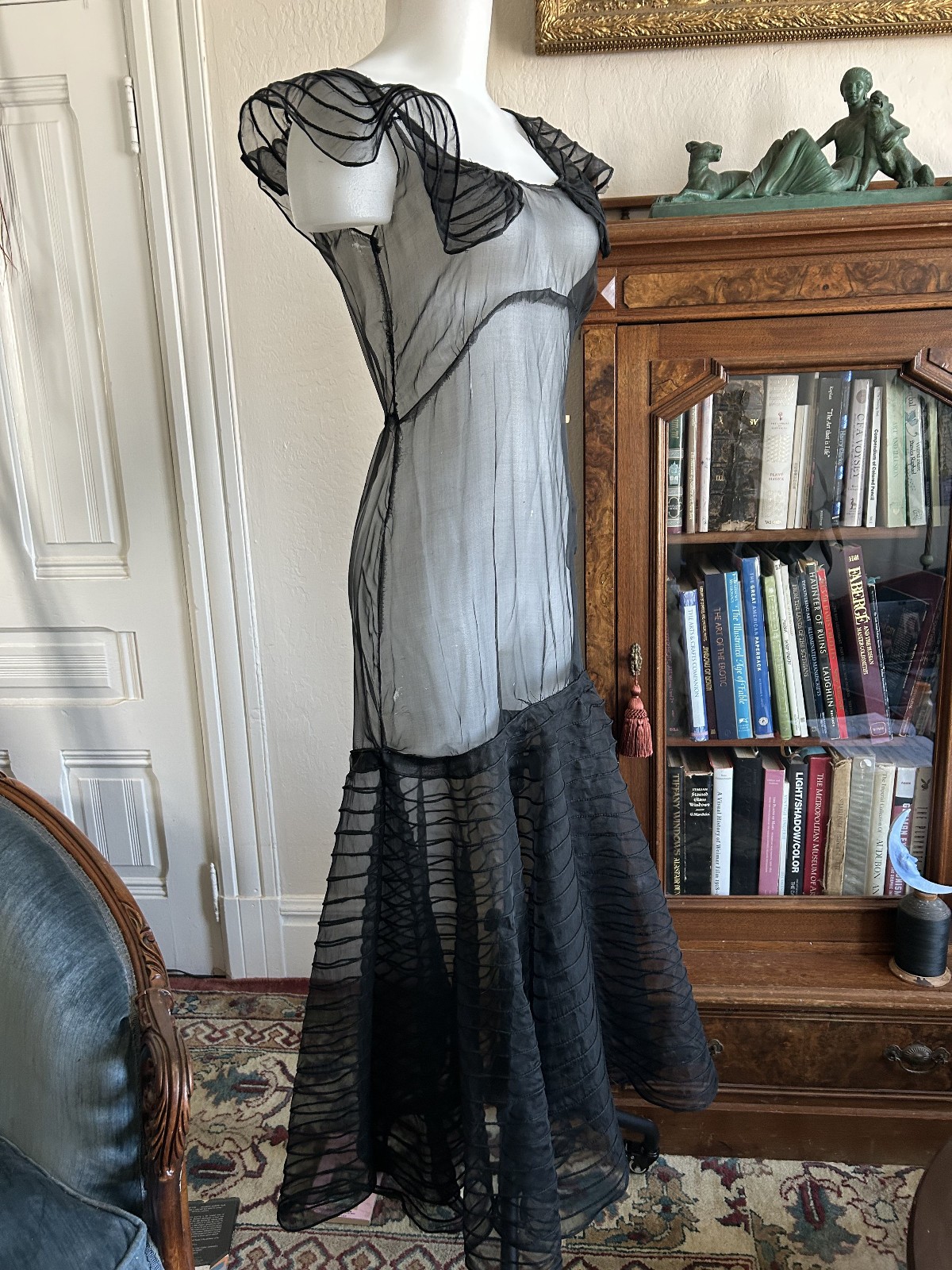 Vintage 1930s Sheer Black Mesh Net Gown Dress Bolero Set Bias Cut Deco Maxi S/M