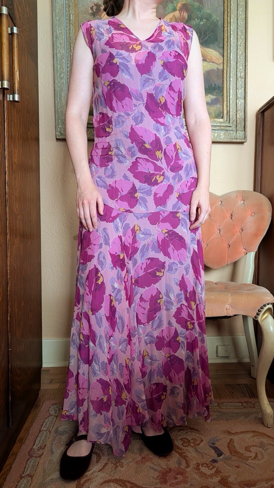 Vintage 1920s Purple Pink Floral Silk Crinkle Chiffon Dress Jacket Set Size S