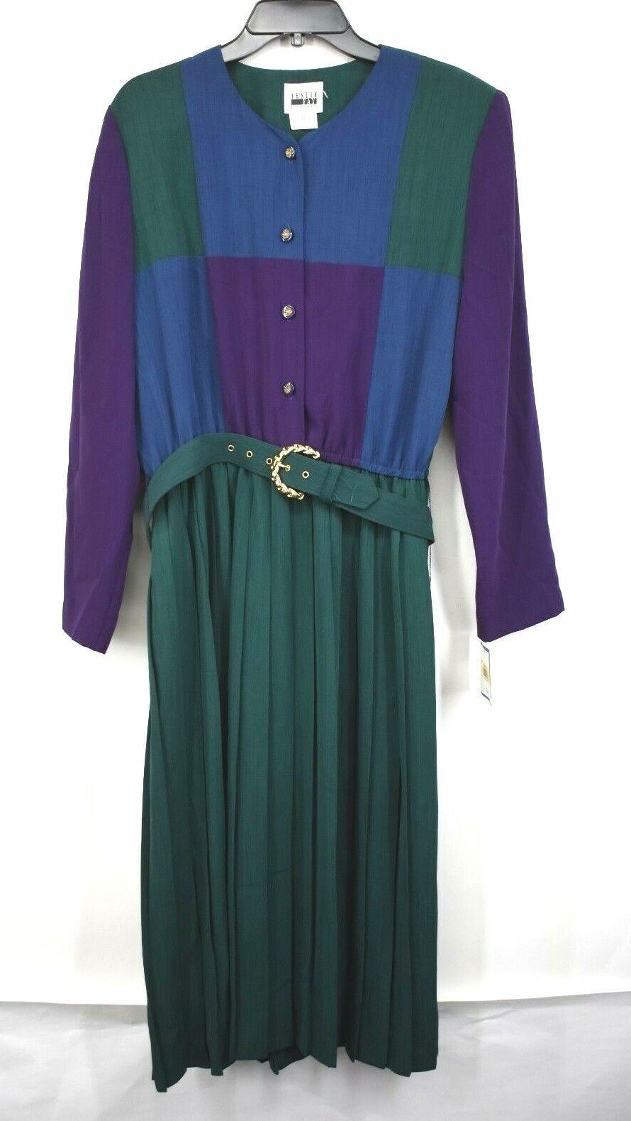 Vintage NOS Leslie Fay Dresses Women Colorblock Pleated Skirt Dress With Belt 16