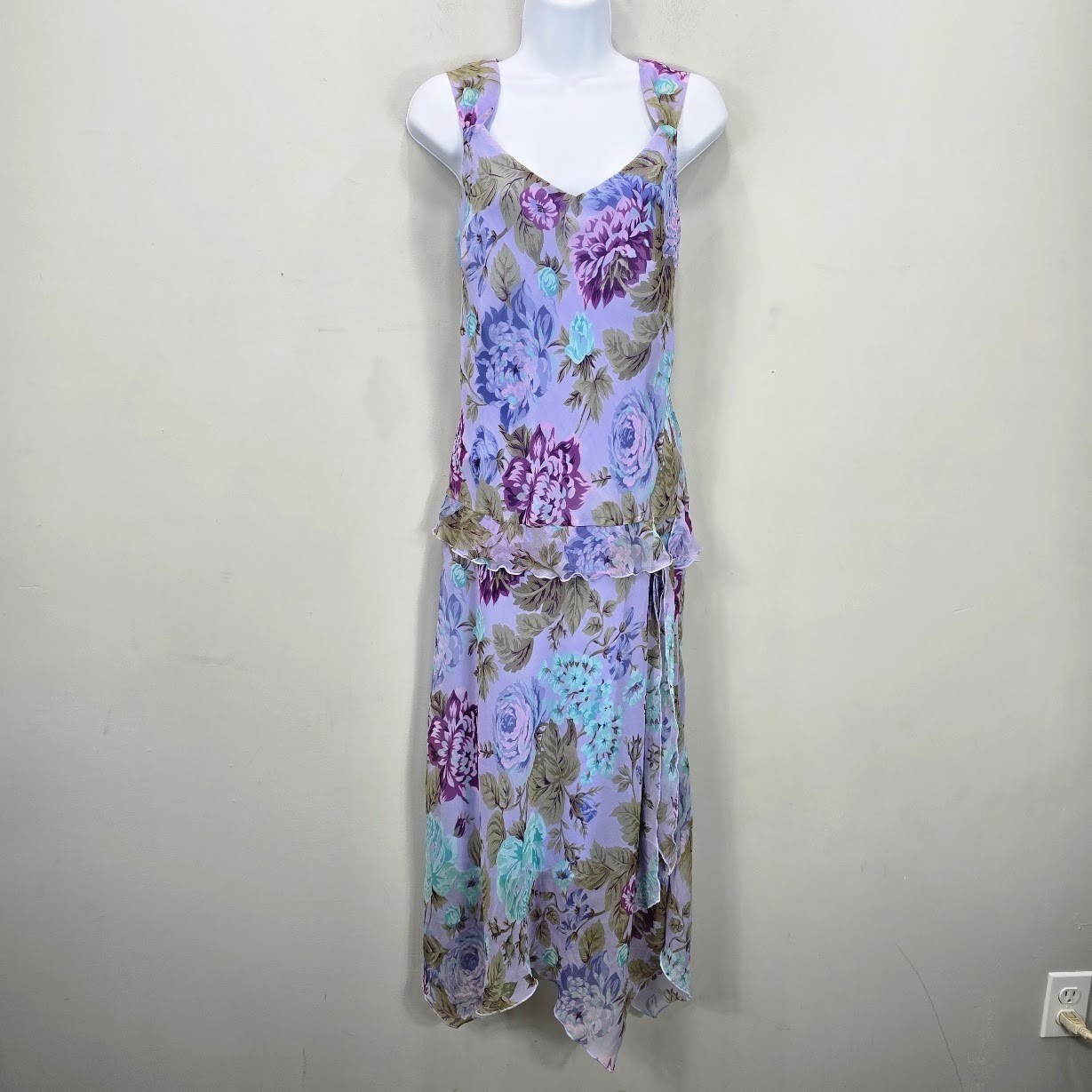 Vintage Meghan Mathews Midi Dress 10 Lilac Floral Asymmetrical Fairy Y2K Flutter