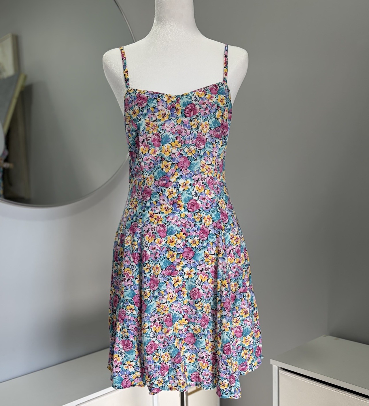 Vintage 90s Shok Floral Mini Dress Size 9 Cottagecore Sundress Summer USA Made