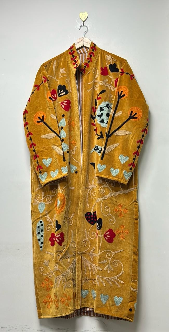 Mustard Velvet Suzani Coat Embroidered Floral Boho Long Gown & Boho Jackets US