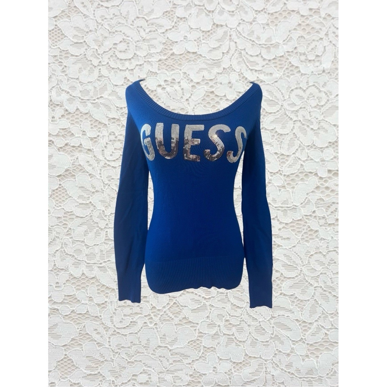 vintage guess blue sequin logo fitted long sleeve sweater