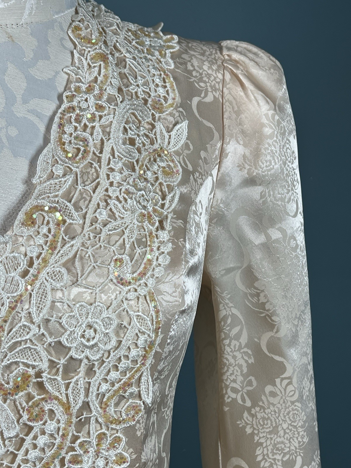 Vintage Scott McClintock Victorian Brocade Dress Peach Glitter Cottage Core Sz 4