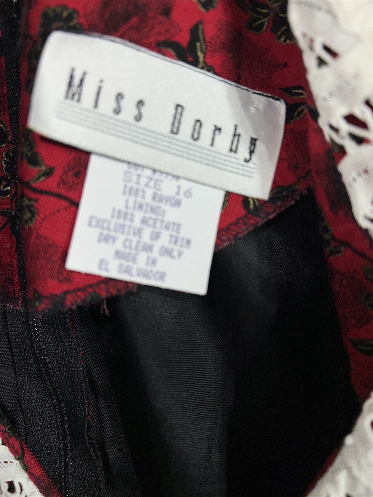 VTG Miss Dorby Red Floral w/Eyelet Collar Pearl Button Dress SZ 16 NWTS br2