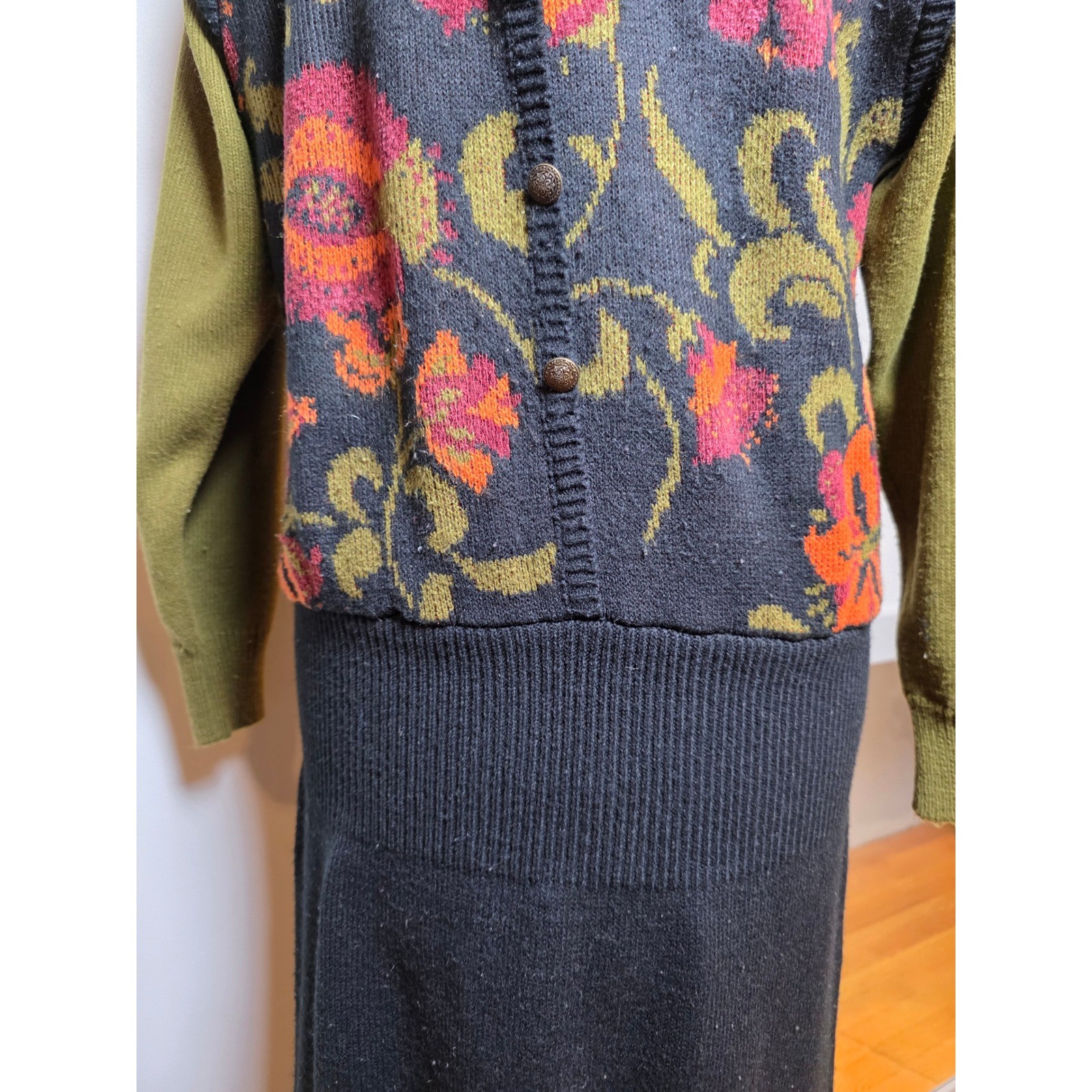 Darian Vintage Floral Knit Midi Dress Layered Vest Mock Neck Boho Cottagecore