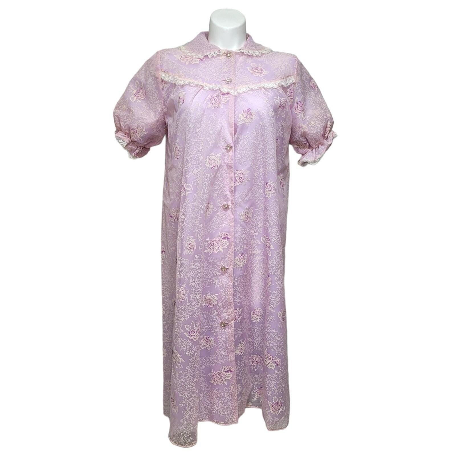 Vintage 1950s Lavender Floral Nylon Robe Lace Trim Button Front Housecoat 18