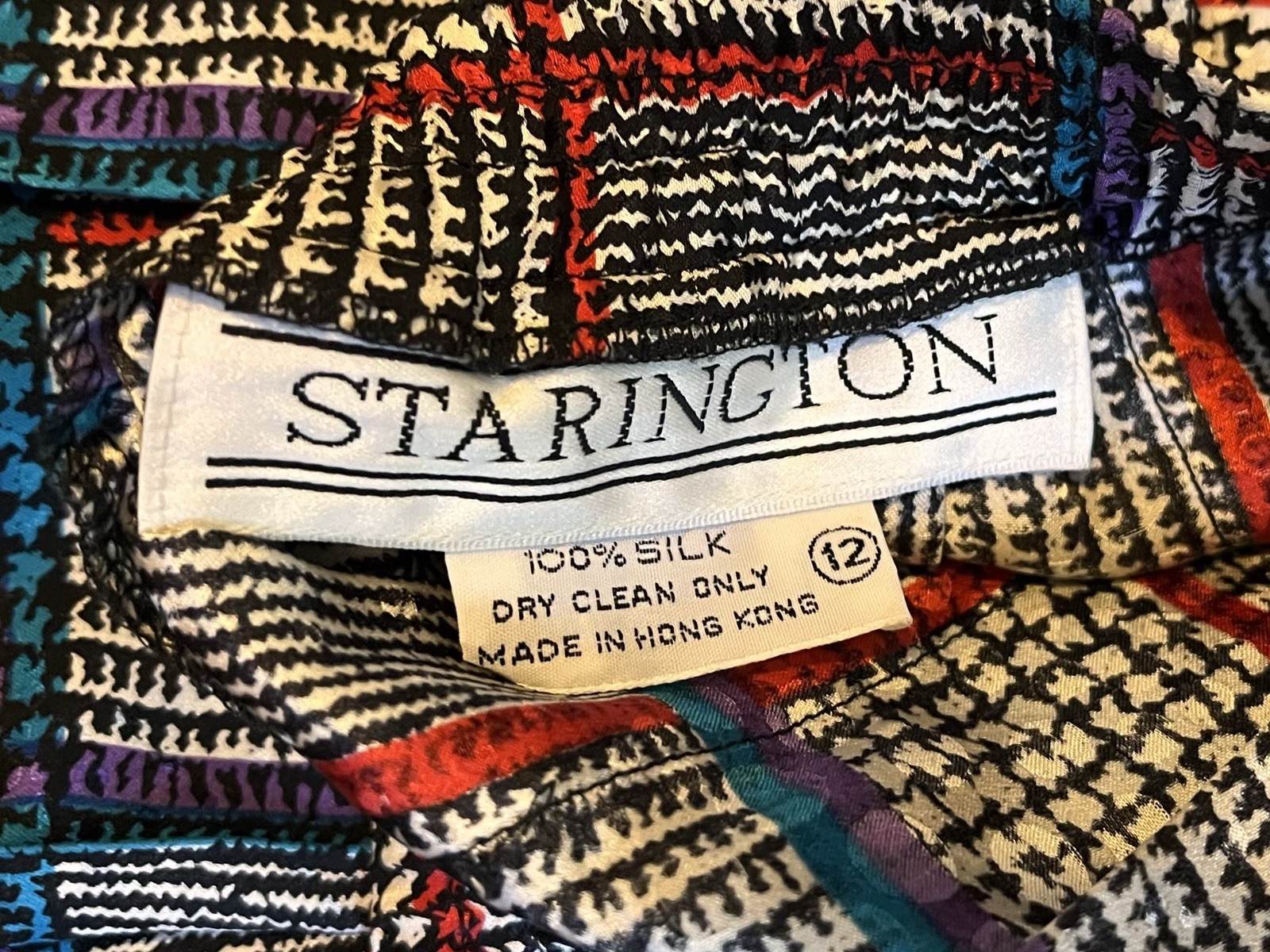 VINTAGE Starington Silk Blouse Skirt Scarf Set Women’s 12 Plaid Grey Blue 80s