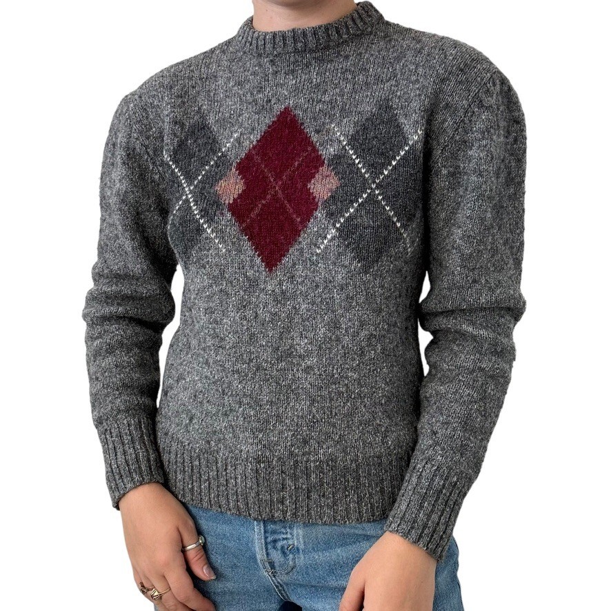 Vintage 1970s McGregor Gray Womens Argyle Preppy Wool Blend Sweater Sz M