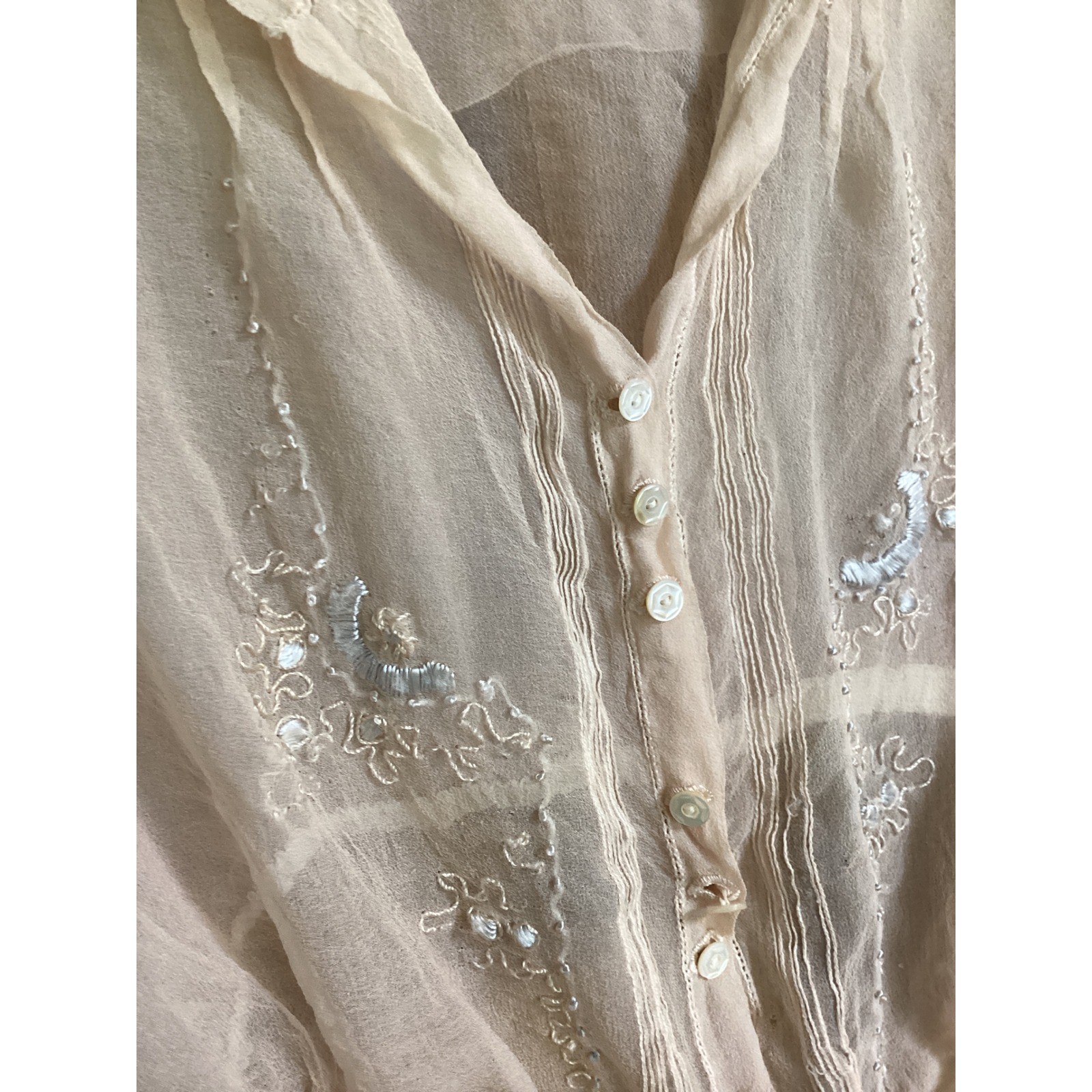 Antique Edwardian Sheer Silk Chiffon Blouse Blush Pink Embroidered Pintuck TLC