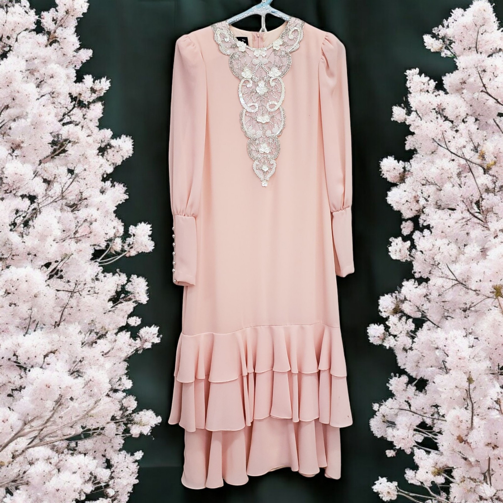VTG 80s URSULA OF SWITZERLAND Dress MOB Formal Chiffon Ruffle Retro Peach XS 5/6
