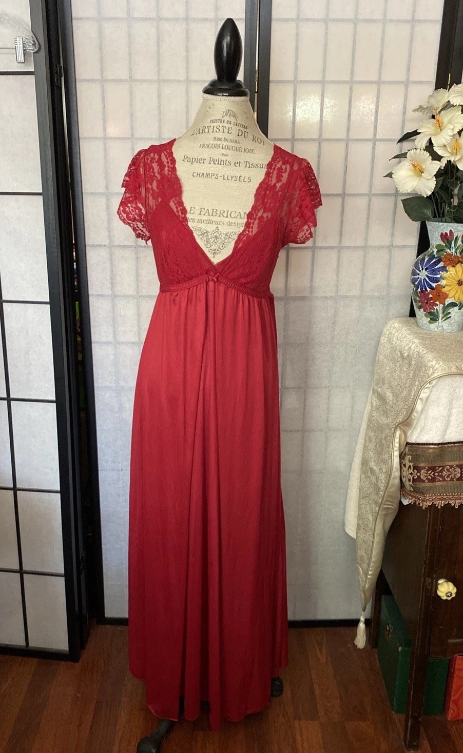 Vintage 50/60s ILGWU (USA) Mauve-Red Maxi Gown & Robe Set-M Luxurious Romantic